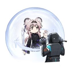 Rule 34 | 1girl, 1other, animal ears, arknights, black dress, doctor (arknights), dress, highres, holding, holding sword, holding weapon, long hair, mouse ears, no grad, purple eyes, purple hair, sword, weapon