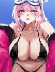 Rule 34 | 1girl, absurdres, bikini, black bikini, blue archive, blush, breasts, commentary request, eimi (blue archive), eimi (swimsuit) (blue archive), goggles, goggles on head, halo, highres, jacket, large breasts, long hair, looking at viewer, navel, official alternate costume, open clothes, open jacket, open mouth, pink eyes, pink hair, pink halo, pink jacket, ponytail, saki (remainaddd), solo, swimsuit, teeth, upper teeth only