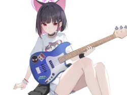 Rule 34 | 1girl, animal ears, bass guitar, black choker, black hair, blue archive, blunt bangs, cat ears, choker, closed mouth, commentary, extra ears, feet out of frame, hair ornament, hairclip, halo, highres, holding, holding instrument, instrument, kazusa (band) (blue archive), kazusa (blue archive), legs, lizard0221, looking at viewer, multicolored hair, official alternate costume, pink hair, pink halo, shirt, short hair, short sleeves, simple background, sitting, skirt, solo, streaked hair, thighs, white background, white shirt, white skirt, wristband