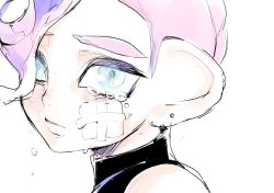 Rule 34 | 1boy, bandages, blue eyes, crying, earrings, hair over one eye, highres, jewelry, looking at viewer, male focus, merogupi, nintendo, octoling, octoling boy, octoling player character, parted lips, pink hair, simple background, sleeveless, solo, splatoon (series), splatoon 2, tears, tentacle hair, upper body, white background