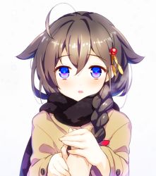 Rule 34 | 10s, 1girl, ahoge, black scarf, blue eyes, blue vert, blush, braid, brown coat, brown hair, buttons, coat, commentary request, glint, hair flaps, hair ornament, hair over shoulder, holding hands, kantai collection, long hair, long sleeves, looking at viewer, open mouth, out of frame, pov, pov hands, scarf, shigure (kancolle), simple background, single braid, solo focus, upper body, white background