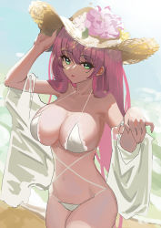 Rule 34 | 1girl, absurdres, azur lane, beach, bikini, breasts, cleavage, closed mouth, collarbone, flower hat, green eyes, hand on headwear, hat, highres, l.j., large breasts, long hair, looking at viewer, pink hair, simple background, solo, standing, sun hat, surcouf (azur lane), surcouf (loisirs balneaires) (azur lane), swimsuit, water, white bikini