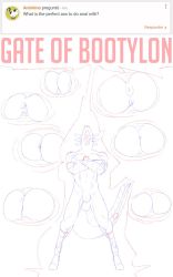 Rule 34 | 1boy, anus, ass, ass focus, crossed arms, english text, fate (series), gate of babylon (fate), highres, monochrome, navel, nude, open mouth, original, parody, pussy, ruru raida, sketch, solo focus, spread ass, standing, tail