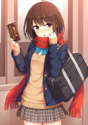 Rule 34 | 1girl, :o, bag, blazer, blue bow, blue bowtie, blue jacket, blush, bookbag, bow, bowtie, brown eyes, brown hair, cardigan, commentary request, cowboy shot, dark-skinned female, dark skin, enpera, fringe trim, hair between eyes, holding, jacket, looking at viewer, nakamura sumikage, open clothes, open jacket, open mouth, original, plaid, plaid skirt, pleated skirt, red scarf, scarf, school bag, school uniform, shirt, skirt, solo, sweat, white shirt