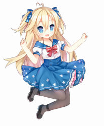 Rule 34 | 1girl, ahoge, black legwear, blonde hair, blue eyes, blue skirt, blush, bow, fang, hair between eyes, hair ribbon, high-waist skirt, highres, jumping, long hair, o&#039;bannon (warship girls r), open mouth, ribbon, sailor collar, skirt, solo, tengxiang lingnai, two-sided fabric, two-sided skirt, two side up, very long hair, warship girls r, white background
