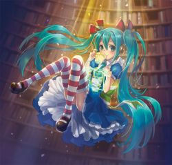 Rule 34 | 1girl, aqua hair, blush, book, bookshelf, cup, dress, floating, hair ribbon, hatsune miku, headphones, holding, light particles, long hair, looking at viewer, mary janes, necktie, petticoat, ribbon, shoes, smile, solo, striped clothes, striped thighhighs, sunlight, teacup, thighhighs, translation request, twintails, very long hair, vocaloid, yamori (stom)