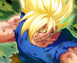 Rule 34 | 1boy, ashes, black outline, blonde hair, blue shirt, close-up, closed mouth, collarbone, dirty, dirty clothes, dirty face, dragon ball, dragonball z, facing viewer, glowing, glowing hair, green eyes, hair over one eye, highres, kinokaki2020, looking afar, male focus, muscular, outline, pants, scratches, shirt, solo, son goku, spiked hair, super saiyan, super saiyan 1, torn clothes, torn pants, upper body