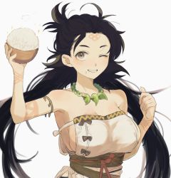 Rule 34 | 1girl, artist request, bare shoulders, blush, body markings, bowl, breasts, brown eyes, brown hair, dress, facial mark, fate/grand order, fate (series), food, food on face, forehead, forehead mark, grin, highres, himiko (fate), himiko (first ascension) (fate), jewelry, large breasts, long hair, looking at viewer, magatama, magatama necklace, necklace, no bra, one eye closed, rice, rice bowl, sash, sideboob, simple background, smile, topknot, twintails, white background, white dress