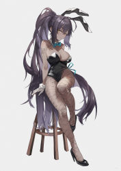 Rule 34 | 1girl, absurdres, ahoge, animal ears, arm tattoo, bare arms, bare shoulders, black footwear, black hair, black leotard, blue archive, blue bow, blue bowtie, bow, bowtie, breasts, cleavage, closed mouth, commentary request, dark-skinned female, dark skin, dated commentary, detached collar, fake animal ears, fishnet pantyhose, fishnets, full body, gloves, hair between eyes, high heels, highres, karin (blue archive), karin (bunny) (blue archive), large breasts, leotard, long hair, looking at viewer, number tattoo, pantyhose, playboy bunny, ponytail, rabbit ears, sidelocks, simple background, sitting, solo, stool, strapless, strapless leotard, strash, tattoo, traditional bowtie, very long hair, white gloves, wrist cuffs, yellow eyes