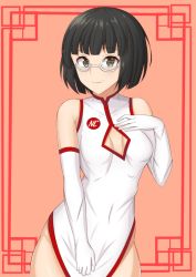 Rule 34 | 1girl, black hair, breasts, china dress, chinese clothes, cleavage, collarbone, dress, gloves, green eyes, highres, nchans, nchans style, pinchan, short hair, sicamal, small breasts, solo, white dress