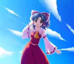 Rule 34 | 1girl, arm up, ascot, bird, black hair, blue skirt, bow, brown eyes, cloud, cloudy sky, day, detached sleeves, female focus, hair bow, hair tubes, hakurei reimu, hand to head, long skirt, looking at viewer, maroppe, midriff, navel, open mouth, outdoors, red bow, red ribbon, red skirt, ribbon, ribbon-trimmed sleeves, ribbon trim, sidelocks, skirt, skirt set, sky, smile, solo, touhou, vest