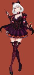 Rule 34 | 1girl, absurdres, apple, artist request, black background, bow, breasts, cape, choker, curly hair, dagger, detached sleeves, dress, earrings, food, fruit, hair bow, high heels, highres, jewelry, knife, large breasts, crossed legs, purple eyes, queen&#039;s blade, queen&#039;s blade grimoire, short hair, simple background, smile, snow white, snow white (queen&#039;s blade), solo, standing, striped, thighhighs, weapon, white hair, zettai ryouiki