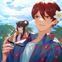 Rule 34 | 1boy, 1girl, blue shirt, blue sky, brown hair, carol0905, cloud, coconut, floral print, flower, hair flower, hair ornament, hair up, hawaiian shirt, highres, holding, holding removed eyewear, husband and wife, library of ruina, long hair, lowell (project moon), palm tree, project moon, red eyes, red hair, red shirt, shirt, sky, sunglasses, tree, unworn eyewear, upper body, very long hair, white flower, white shirt, xiao (project moon)