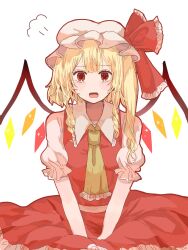 Rule 34 | 1girl, :o, ascot, blonde hair, bow, collared shirt, crystal wings, flandre scarlet, frilled ascot, frilled bow, frilled shirt collar, frilled skirt, frills, hat, hat bow, highres, looking at viewer, medium hair, mob cap, puffy short sleeves, puffy sleeves, red bow, red eyes, red skirt, red vest, shamo tarou, shirt, short sleeves, side ponytail, simple background, skirt, skirt set, solo, touhou, vest, white background, white hat, white shirt, yellow ascot