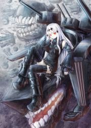 Rule 34 | 10s, 1girl, abyssal ship, aircraft carrier water oni, apoidea, armor, armored boots, black dress, black footwear, boots, colored skin, detached sleeves, dress, hair ornament, high heel boots, high heels, highres, kantai collection, knee boots, long hair, looking at viewer, machinery, armored boots, orange eyes, sailor dress, school uniform, serafuku, short dress, sitting, smile, solo, thighhighs, turret, white hair, white skin, zettai ryouiki