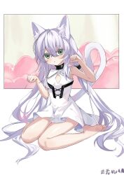 Rule 34 | 1girl, animal ear fluff, animal ears, arknights, artist name, bare legs, barefoot, blush, breasts, cat ears, cat girl, cleavage cutout, clothing cutout, collared dress, dress, feet, green eyes, hair between eyes, hair ornament, hands up, highres, kakyouin2002, legs, long hair, multicolored hair, on ground, open mouth, paw pose, pink hair, purple hair, rosmontis (arknights), rosmontis (become anew) (arknights), signature, sitting, sleeveless, sleeveless dress, small breasts, soles, solo, streaked hair, toes, twintails, very long hair, wariza, white dress