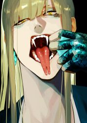 Rule 34 | 1boy, ajuji aju, black background, bleach, blonde hair, blunt bangs, earrings, fangs, finger in own mouth, forked tongue, hand up, highres, hirako shinji, japanese clothes, jewelry, long hair, looking at viewer, male focus, mouth pull, open mouth, portrait, scales, simple background, solo, straight hair, tongue, tongue out, uneven eyes, webbed hands, yellow eyes