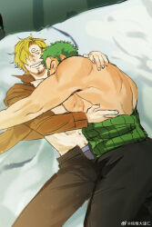 Rule 34 | 2boys, ass, bara, blonde hair, blush, couple, curly eyebrows, facial hair, foreplay, from above, goatee, green hair, grin, hair over one eye, happy, highres, hug, lying on person, male focus, multiple boys, muscular, muscular male, mustache stubble, one piece, open clothes, open shirt, roronoa zoro, sanji (one piece), scar, scar across eye, short hair, smile, sparse navel hair, stubble, sweetdou3, topless male, yaoi