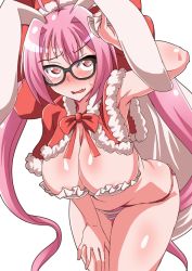Rule 34 | 1girl, ahoge, alternate costume, animal ears, armpits, bare shoulders, black-framed eyewear, blush, bow, bowtie, breasts, capelet, cleavage, cowboy shot, di gi charat, fur trim, hat, ikue fuuji, large breasts, leaning forward, long hair, looking at viewer, nose blush, panties, parted lips, pink hair, rabbit ears, red bow, red bowtie, red eyes, revealing clothes, sack, santa hat, smile, solo, striped clothes, striped panties, twintails, underwear, usada hikaru, very long hair