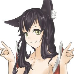 Rule 34 | 1girl, \m/, ahri (league of legends), animal ears, bare shoulders, black hair, breasts, cleavage, collarbone, double fox shadow puppet, dragon&#039;s tail (artist), fox ears, fox shadow puppet, large breasts, league of legends, long hair, looking at viewer, simple background, solo, white background, yellow eyes