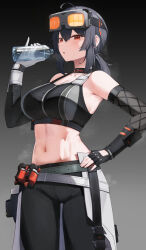 Rule 34 | 1girl, absurdres, ahoge, bexercube, black gloves, black hair, bottle, breasts, brown hair, commentary, cowboy shot, crop top, fingerless gloves, gloves, goggles, goggles on head, grace howard, hair between eyes, hand on own hip, highres, holding, holding bottle, large breasts, long hair, looking at viewer, navel, ponytail, sidelocks, simple background, single fingerless glove, solo, standing, white gloves, zenless zone zero