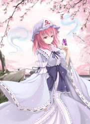 Rule 34 | 1girl, blush, breasts, bug, butterfly, cherry blossoms, cloudy.r, hat, highres, hitodama, insect, japanese clothes, kimono, obi, pink eyes, pink hair, ribbon-trimmed collar, ribbon-trimmed sleeves, ribbon trim, saigyouji yuyuko, sash, short hair, solo, touhou, triangular headpiece