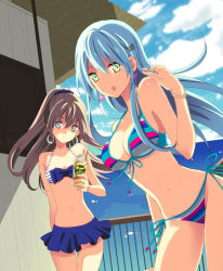 Rule 34 | 10s, 2girls, :o, bikini, bikini skirt, blue eyes, blue hair, blue nails, bracelet, breasts, brown hair, building, cleavage, cowboy shot, day, drink, earrings, front-tie top, green eyes, hair ornament, hairclip, jewelry, kantai collection, kodama naoko, kumano (kancolle), long hair, looking at viewer, multiple girls, nail polish, navel, ocean, open mouth, outdoors, pleated skirt, ponytail, scrunchie, side-tie bikini bottom, skirt, sky, standing, striped bikini, striped clothes, suzuya (kancolle), swimsuit, thigh gap, thighs, water