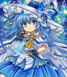 Rule 34 | 1girl, ascot, beamed sixteenth notes, black gloves, blue background, blue eyes, blue hair, blue ribbon, blue skirt, blue theme, cape, closed mouth, eighth note, fingerless gloves, frilled cape, frilled hat, frilled skirt, frills, gloves, green background, hat, hat ribbon, hatsune miku, holding, holding staff, index finger raised, large hat, looking at viewer, marker (medium), multicolored background, musical note, pleated skirt, ribbon, rui (sugar3), sample watermark, shirt, skirt, smile, snowflake background, solo, staff, traditional media, treble clef, vocaloid, watermark, white cape, white hat, white shirt, witch hat, yellow ascot, yuki miku, yuki miku (2014)