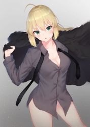 Rule 34 | 1girl, ahoge, arm up, artoria pendragon (all), artoria pendragon (fate), black jacket, black necktie, black shirt, blonde hair, blush, breasts, buttons, cleavage, collarbone, collared shirt, cowboy shot, fate/grand order, fate (series), gradient background, green eyes, hand up, highres, jacket, light particles, long sleeves, looking at viewer, medium breasts, necktie, no pants, parted lips, ponytail, reuri (tjux4555), saber (fate), shirt, sidelocks, simple background, solo, v-shaped eyebrows, wing collar