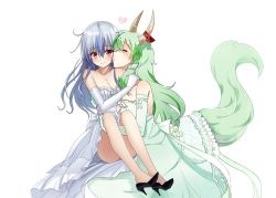 Rule 34 | 2girls, 6 (yuchae), alternate costume, ass, bare shoulders, blue hair, blush, bow, collaboration, collarbone, commentary request, convenient leg, dress, dual persona, elbow gloves, ex-keine, closed eyes, gloves, green dress, green gloves, green hair, high heels, holding, horn ornament, horn ribbon, horns, kamishirasawa keine, lani (pink  pink), long hair, looking at viewer, multiple girls, no headwear, no headwear, no socks, profile, red eyes, ribbon, selfcest, shoe dangle, simple background, strapless, strapless dress, tail, touhou, white background, white dress, white gloves, yuri