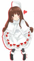 Rule 34 | 1girl, artist request, blush, brown eyes, brown hair, capelet, closed mouth, cocoa cookie, cookie run, dress, full body, gloves, heart, highres, humanization, long hair, long sleeves, looking at viewer, no socks, pantyhose, personification, smile, solo, sparkle