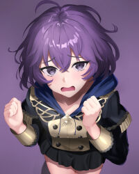 Rule 34 | 1girl, asanagi shion, bernadetta von varley, black skirt, breasts, clenched hands, fire emblem, fire emblem: three houses, from below, garreg mach monastery uniform, grey eyes, highres, hood, looking at viewer, looking up, messy hair, nintendo, open mouth, purple background, purple hair, skirt, small breasts, solo, tearing up, wavy mouth