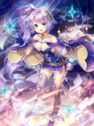 Rule 34 | 1girl, :d, bare shoulders, blue cape, blue dress, blue eyes, blue gloves, blush, book, boots, breasts, brown cape, cape, capura lin, cleavage, commentary request, detached sleeves, dress, gloves, grey thighhighs, hair ornament, head tilt, high heel boots, high heels, highres, holding, holding book, long hair, long sleeves, looking at viewer, medium breasts, multicolored cape, multicolored clothes, open book, open mouth, original, purple footwear, purple hair, ringlets, short dress, side ponytail, sidelocks, single detached sleeve, smile, solo, sparkle, standing, standing on one leg, thighhighs, very long hair, white sleeves