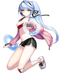 Rule 34 | 1girl, artist request, bandages, bandeau, black gloves, blue hair, breasts, cleavage, fingerless gloves, full body, gloves, hair ribbon, hood, hooded jacket, jacket, long hair, magic circle, midriff, navel, no socks, ponytail, ribbon, shoes, short shorts, shorts, smile, sneakers, solo, spiked knuckles, strapless, transparent background, tube top, unleashed, very long hair, yellow eyes