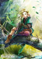 Rule 34 | 1girl, blonde hair, blue eyes, boots, cat, circlet, comaza, copyright name, force of will, gloves, grass, green eyes, heterochromia, leaf, official art, pointy ears, short hair, solo, tree