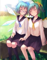 Rule 34 | 2girls, ^ ^, bench, bespectacled, black legwear, blue hair, blush, bow, cirno, closed eyes, daiyousei, closed eyes, fairy wings, friends, glasses, h.l., hair bow, hand on another&#039;s thigh, ice, ice wings, large bow, long sleeves, multiple girls, on bench, outdoors, pleated skirt, school uniform, serafuku, short hair, side ponytail, sitting, skirt, sleeping, sleeping upright, socks, touhou, wings