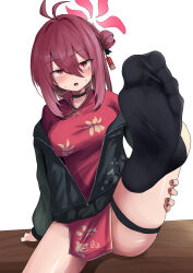 1girl absurdres black_socks blue_archive blush china_dress chinese_clothes dress feet highres long_hair looking_at_viewer lts_kakuyo open_mouth red_eyes red_hair reijo_(blue_archive) socks soles