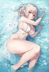 Rule 34 | 1girl, absurdres, ass, bare arms, bare shoulders, barefoot, bikini, breasts, caustics, cleavage, closed mouth, elf, flower, grey hair, hair flower, hair ornament, highleg, highres, large breasts, long hair, looking at viewer, lying, on side, original, petals, pointy ears, ponytail, red eyes, see-through, sidelocks, solo, sora 72-iro, swimsuit, thighs, water, wet, white bikini