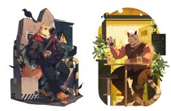 Rule 34 | 2boys, animal ears, axel (rtf), bara, barefoot, belly, bird, black footwear, black jacket, black pants, black shirt, black vest, claws, closed eyes, commentary, cooper krager, crow, english commentary, fangs, furry, furry male, glasses, gun, holding, holding gun, holding weapon, hood, hooded jacket, jacket, male focus, merchandise available, multiple boys, on wall, pants, pawpads, pink shirt, remember the flowers, road sign, second-party source, shirt, sign, sitting, smile, tail, tiger boy, tiger ears, tiger stripes, tiger tail, vest, weapon, white background, wolf boy, wolf ears, wolf tail, zixiong zix