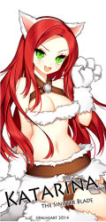 Rule 34 | 10s, 1girl, 2014, animal ears, animal hands, artist name, breasts, character name, cleavage, fake animal ears, fang, fur trim, green eyes, katarina (league of legends), kitty cat katarina, league of legends, long hair, looking at viewer, midriff, navel, opalheart, open mouth, red hair, simple background, solo, white background