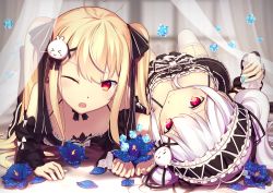 Rule 34 | 2girls, ;o, artist name, bad id, bad pixiv id, black bow, black dress, blonde hair, blush, bow, breasts, closed mouth, crystal, cube, curtains, detached sleeves, dress, frills, garter straps, gothic lolita, hair bow, hair ornament, headdress, lolita fashion, long hair, looking at viewer, lying, magicians (zhkahogigzkh), multiple girls, niliu chahui, on back, on stomach, one eye closed, open mouth, original, purple eyes, red eyes, siblings, sidelocks, sisters, small breasts, smile, thighhighs, tokisaki asaba (niliu chahui), tokisaki mio (niliu chahui), twintails, white hair, white legwear, wide sleeves, window, x hair ornament