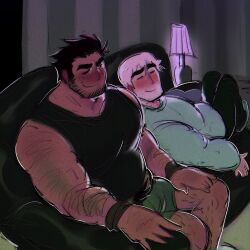 Rule 34 | 2boys, alternate costume, bara, beard stubble, black hair, black tank top, blush, couch, couple, dark-skinned male, dark skin, facial hair, feet out of frame, green shorts, hairy, highres, huge eyebrows, indoors, jaime (grizzgotmilk), large pectorals, leaning on person, looking at another, lucas lee, male focus, multiple boys, muscular, muscular male, on couch, one eye closed, pectorals, scott pilgrim (series), scott pilgrim takes off, shirt, short hair, short shorts, short sleeves, shorts, sleeping, sleeping on person, smile, sparse leg hair, stubble, t-shirt, tank top, thick arm hair, todd ingram, yaoi