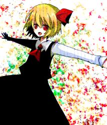 Rule 34 | 1girl, ascot, bad id, bad nicoseiga id, blonde hair, embodiment of scarlet devil, fang, female focus, necktie, outstretched arms, red eyes, rumia, solo, spread arms, takahira, touhou, white background