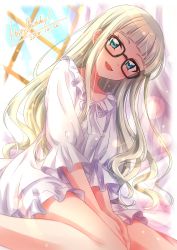 Rule 34 | 1girl, :d, aikatsu!, aikatsu! (series), black-framed eyewear, blonde hair, blue eyes, blunt bangs, blurry, blurry background, blush, commentary request, dated, day, depth of field, dress, fang, glasses, head tilt, highres, indoors, lens flare, light rays, long hair, long sleeves, looking at viewer, open mouth, sekina, signature, sitting, smile, solo, todo yurika, very long hair, wariza, white dress