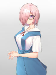 Rule 34 | 1girl, alternate costume, ayanami rei, ayanami rei (cosplay), blouse, blue skirt, blush, breasts, collarbone, commentary request, cosplay, eyes visible through hair, fate/grand order, fate (series), glasses, grey background, hair over one eye, large breasts, light purple hair, looking at viewer, mash kyrielight, mikan (chipstar182), neon genesis evangelion, pink hair, purple eyes, red ribbon, ribbon, school uniform, shirt, short hair, short sleeves, simple background, skirt, smile, solo, suspender skirt, suspenders, tokyo-3 middle school uniform, white shirt