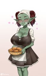 Rule 34 | 1girl, ^ ^, apron, basket, blush, body freckles, bread, breasts, brown hair, cleavage, closed eyes, collarbone, colored skin, commentary, dress, english commentary, facing viewer, fang, fang out, female goblin, food, freckles, goblin, gradient background, green skin, head scarf, highres, holding, holding basket, huge breasts, looking at viewer, original, pink background, pointy ears, short hair, shortstack, simple background, smile, solo, steam, twintails, twitter username, twrlare, waist apron, white background