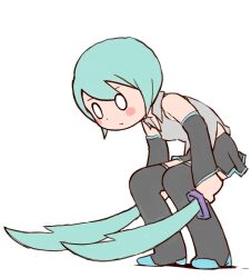 Rule 34 | 1girl, alternate hairstyle, aqua hair, bare shoulders, black footwear, black skirt, blush stickers, boots, chibi, commentary, detached hair, dual wielding, full body, hair ornament, hatsune miku, holding, holding own hair, holding sword, holding weapon, improvised weapon, knee boots, pleated skirt, scimitar, shirt, short hair, simple background, sirukure, skirt, sleeveless, sleeveless shirt, solo, sword, vocaloid, weapon, white background