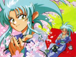 Rule 34 | 1990s (style), 1girl, blue hair, blush, earrings, japanese clothes, jewelry, kimono, retro artstyle, ryou-ouki, ryouko (tenchi muyou!), spiked hair, tenchi muyou!, wallpaper, yellow eyes