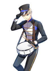 Rule 34 | 1boy, adjusting clothes, adjusting headwear, alternate hair color, band uniform, black gloves, black headwear, black jacket, black pants, blonde hair, blue eyes, buttons, closers, collared jacket, cowboy shot, double-breasted, drumsticks, gloves, hand on headwear, hand up, hat, high collar, highres, holding, holding drumsticks, jacket, leg up, long sleeves, looking at viewer, male focus, marching band, nata (closers), official art, pants, parted lips, shako cap, short hair, single vertical stripe, smile, snare drum, solo, standing, standing on one leg, uniform, v-shaped eyebrows, white background