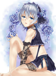 Rule 34 | 1boy, androgynous, bad id, bad pixiv id, bare shoulders, barefoot, blue eyes, blue hair, blush, bow, crossdressing, elbow gloves, flower, gloves, hair flower, hair ornament, headdress, heirou, highres, long hair, looking at viewer, male focus, matching hair/eyes, open mouth, original, rose, short hair, silver hair, sitting, smile, solo, trap